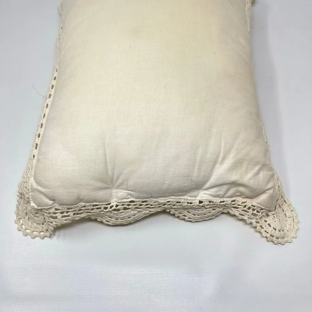 Vintage Hand Crochet Lace Throw Pillow Cover Cream Cotton Floral Boho 16x10